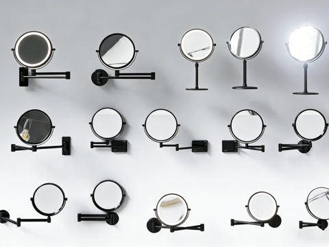 现代简约带灯化妆镜 多款圆形镜 可调节支架 LED灯梳妆台镜su模型