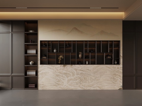  新中式背景墙 置物架3d模型 