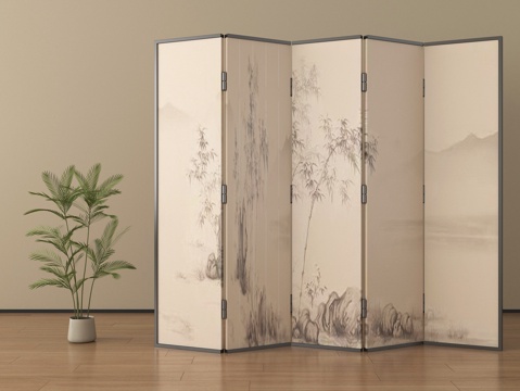 新中式屏风 禅意水墨画屏风su模型 