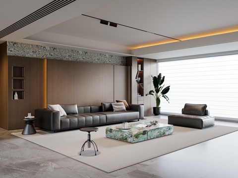  现代意式客厅 沙发茶几 多人沙发 休闲椅 落地灯 地毯3d模型 