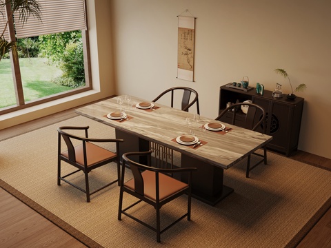  新中式餐桌椅3d模型 