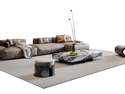 现代意式沙发茶几组合 转角沙发 皮质沙发 休闲椅 地毯su模型