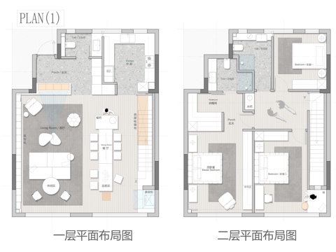170㎡复式 平面图 彩平图cad施工图