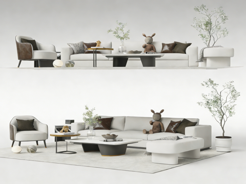 现代简约客厅沙发 L型布艺沙发 岩板茶几su模型