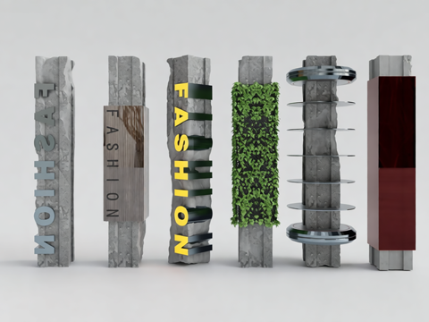  多材质创意立体字 金属发光植绒 植物墙 店铺标识艺术装置su模型 