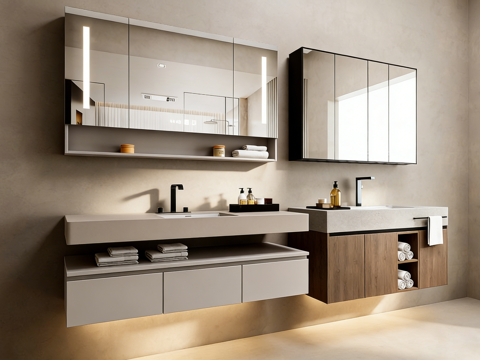 现代简约双台盆浴室柜 悬挂式 镜柜带灯su模型