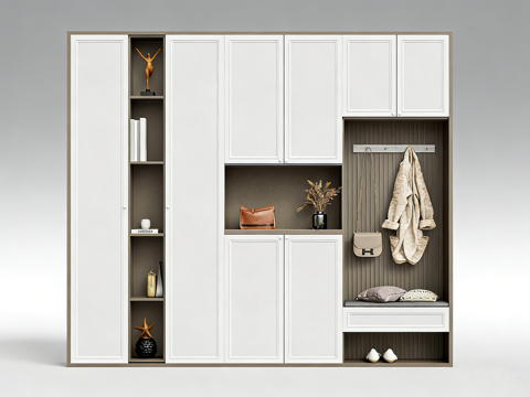 现代简约多功能储物柜 衣柜 带坐垫书架挂钩 小户型玄关卧室收su模型