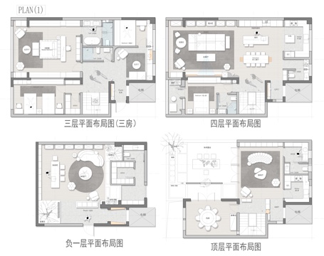 400㎡上叠别墅 平面图 彩平图cad施工图