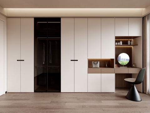 现代卧室衣柜  衣柜梳妆台 玻璃门衣柜  床尾衣柜梳妆台su模型