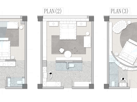 45㎡房间 平面方案 彩平图cad施工图