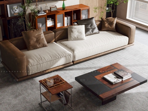  现代中古沙发组合 拼色L型沙发 中古风客厅沙发 皮质布艺沙发3d模型 