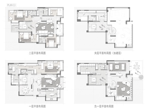 450㎡下叠别墅 平面图 彩平图cad施工图