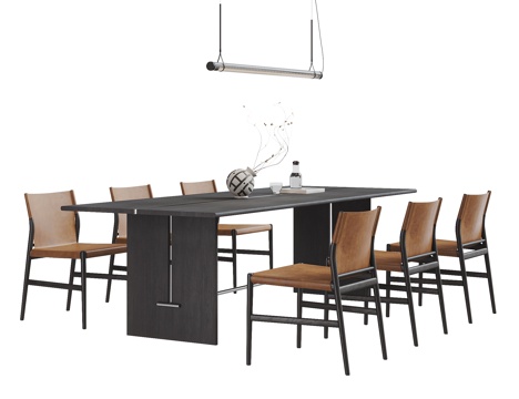  现代意式餐桌椅组合 长方形餐桌椅 吊灯 大板桌 皮革餐椅3d模型 