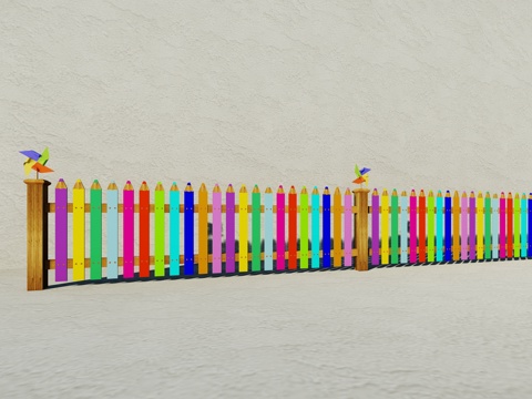 现代生态户外卡通木质栏杆动物围栏护栏彩色花朵儿童栅栏田园草地su模型