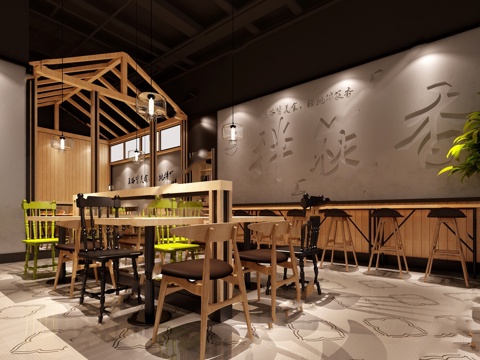 特色面馆 最新全套施工图 效果图合集cad施工图