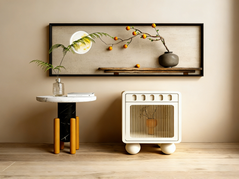 新中式装饰画 大理石边几 镂空柜边柜su模型