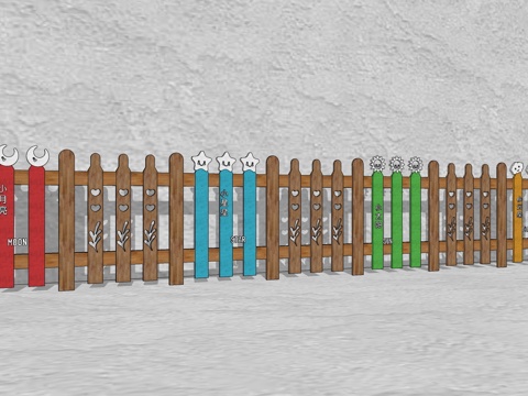 现代生态户外卡通木质栏杆动物围栏护栏彩色花朵儿童栅栏田园草地su模型