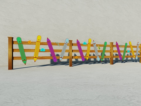 现代生态户外卡通木质栏杆动物围栏护栏彩色花朵儿童栅栏田园草地su模型