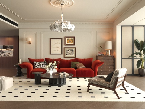  中古风格客餐厅3d模型 