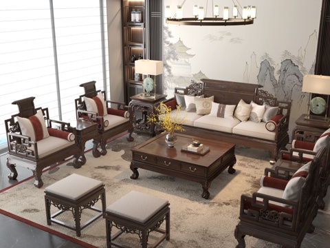  新中式客厅 沙发 实木沙发 中式沙发3d模型 