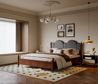  法式中古风卧室 实木双人床 床头柜 吊灯 挂画 地毯su模型 