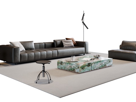 现代意式沙发茶几组合 多人沙发 皮质沙发 休闲椅 地毯su模型