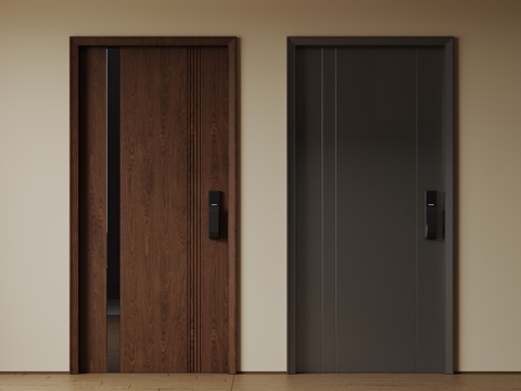  现代极简单开门 中古防盗门 通顶入户门 子母门 密码门 别墅su模型 