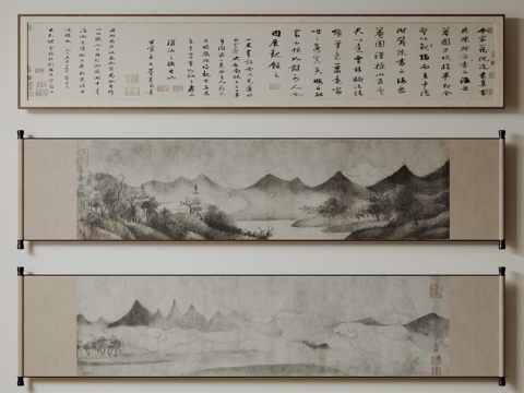 新中式禅意装饰画 宋式挂画 侘寂风挂画 中古风卷轴画 山水字su模型