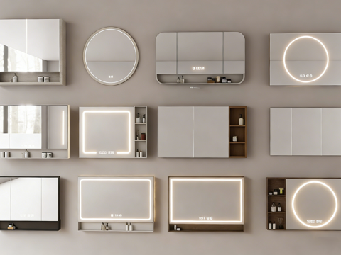 现代简约LED镜柜 发光带置物架 方形圆形镜柜su模型