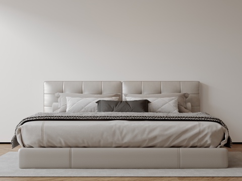  现代意式双人床 皮质床 布艺双人床 中古主卧床 地台床 极简su模型 