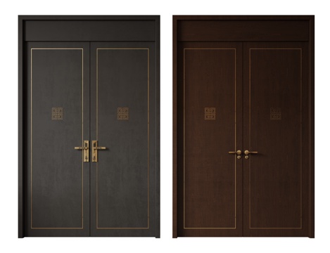  新中式侘寂双开门 中古平开门 入户门 防盗门 通顶对开门 别3d模型 
