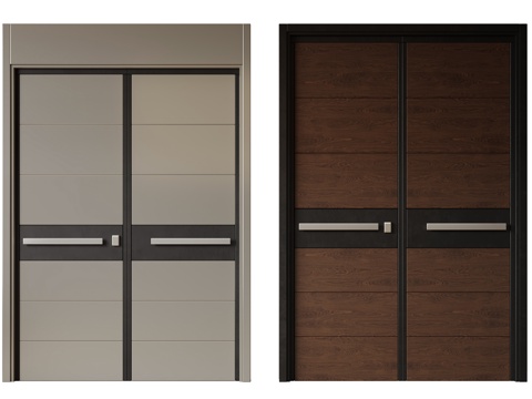  现代极简双开门 中古平开门 入户门 防盗门 通顶对开门 别墅su模型 