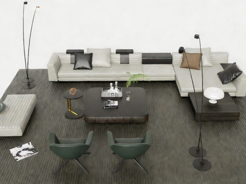 现代简约客厅沙发茶几组合 L型布艺沙发 岩板茶几su模型