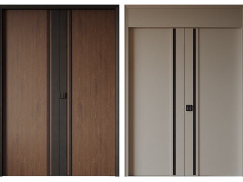 现代极简双开门 中古平开门 入户门 防盗门 通顶对开门 别墅su模型