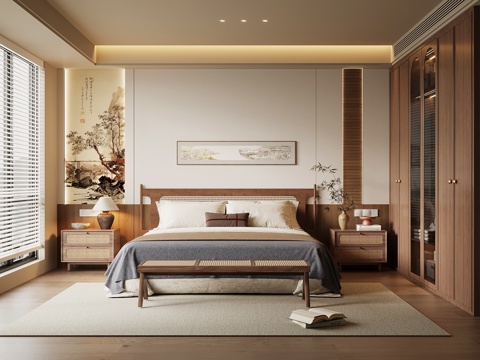  中古风卧室 主卧 床头背景墙 双人床 衣柜3d模型3d模型 