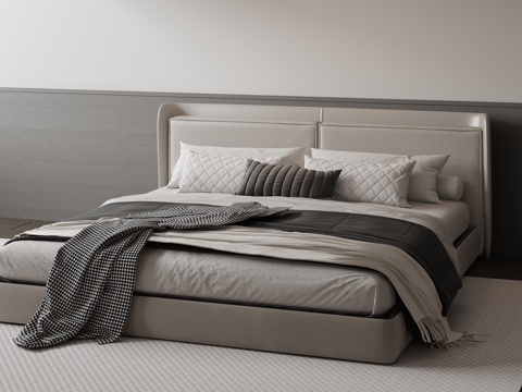  现代意式双人床 皮质床 布艺双人床 中古主卧床 地台床 极简3d模型 