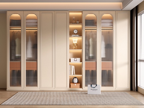  法式奶油风衣柜 定制通顶衣柜 玻璃门衣柜 开放格衣柜3d模型 