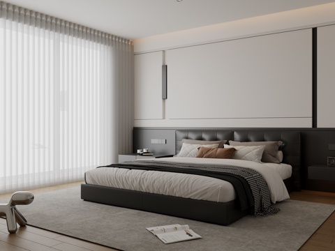  现代极简家居卧室 意式轻奢卧室 黑白灰卧室 布艺双人床 主卧3d模型 
