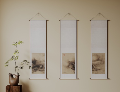  新中式禅意装饰画 宋式挂画 侘寂风挂画 中古风卷轴画 山水字3d模型 