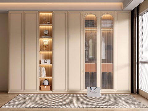  法式奶油风衣柜 定制通顶衣柜 玻璃门衣柜 开放格衣柜3d模型 