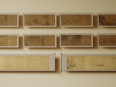  新中式禅意装饰画 宋式挂画 侘寂风挂画 中古风卷轴画 山水字3d模型 