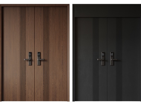 现代极简双开门 中古平开门 入户门 防盗门 通顶对开门 别墅su模型