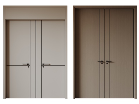  现代极简双开门 中古平开门 入户门 防盗门 通顶对开门 别墅3d模型 