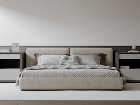  现代意式双人床 皮质床 布艺双人床 中古主卧床 地台床 极简su模型 