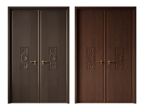  新中式侘寂双开门 中古平开门 入户门 防盗门 通顶对开门 别su模型 