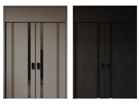  现代极简双开门 中古平开门 入户门 防盗门 通顶对开门 别墅3d模型 