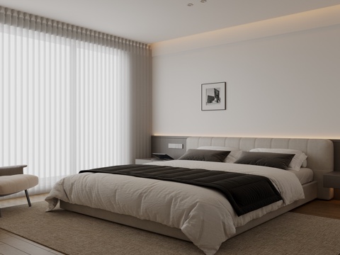  现代极简家居卧室 意式轻奢卧室 黑白灰卧室 布艺双人床 主卧3d模型 