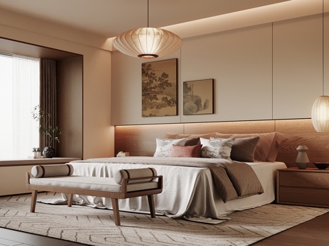 宋式卧室 宋式家居卧室 宋式双人床 床尾塌 卧室饰品摆件su模型