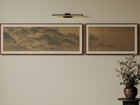  新中式禅意装饰画 宋式挂画 侘寂风挂画 中古风卷轴画 山水字su模型 