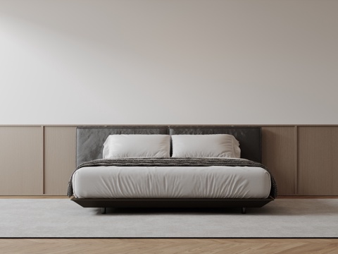  现代意式双人床 皮质床 布艺双人床 中古主卧床 地台床 极简su模型 